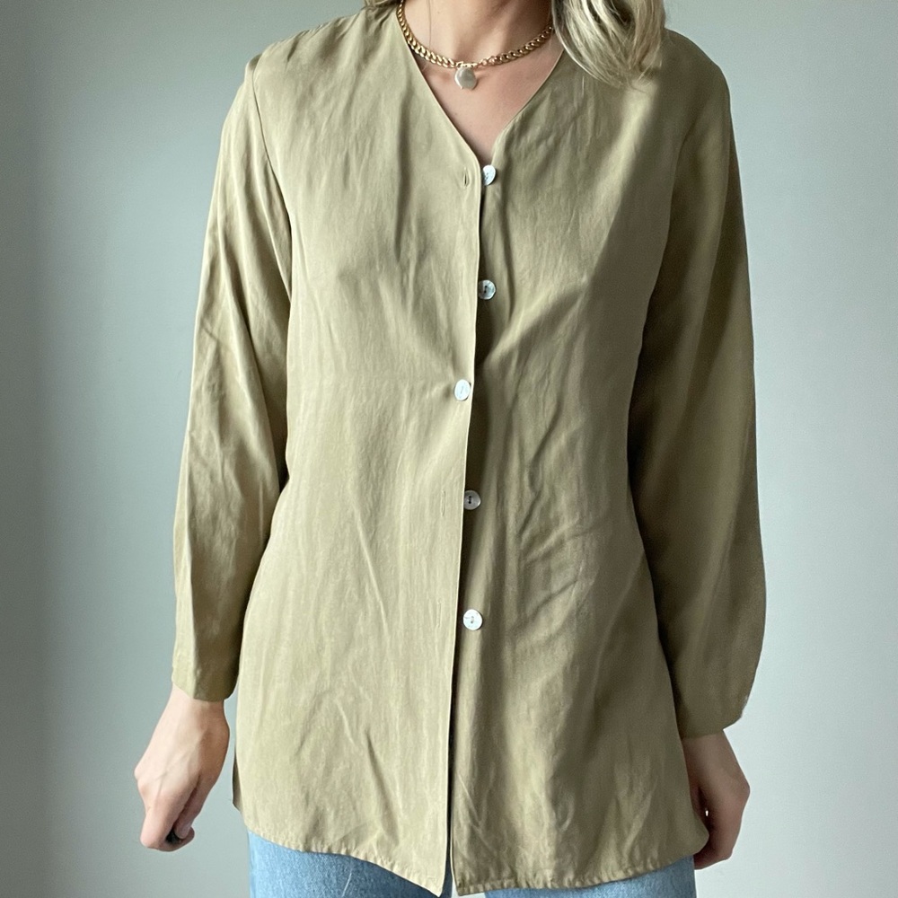Vintage Taupe Silk Button Front Shirt Long-Line - Picture 2 of 6